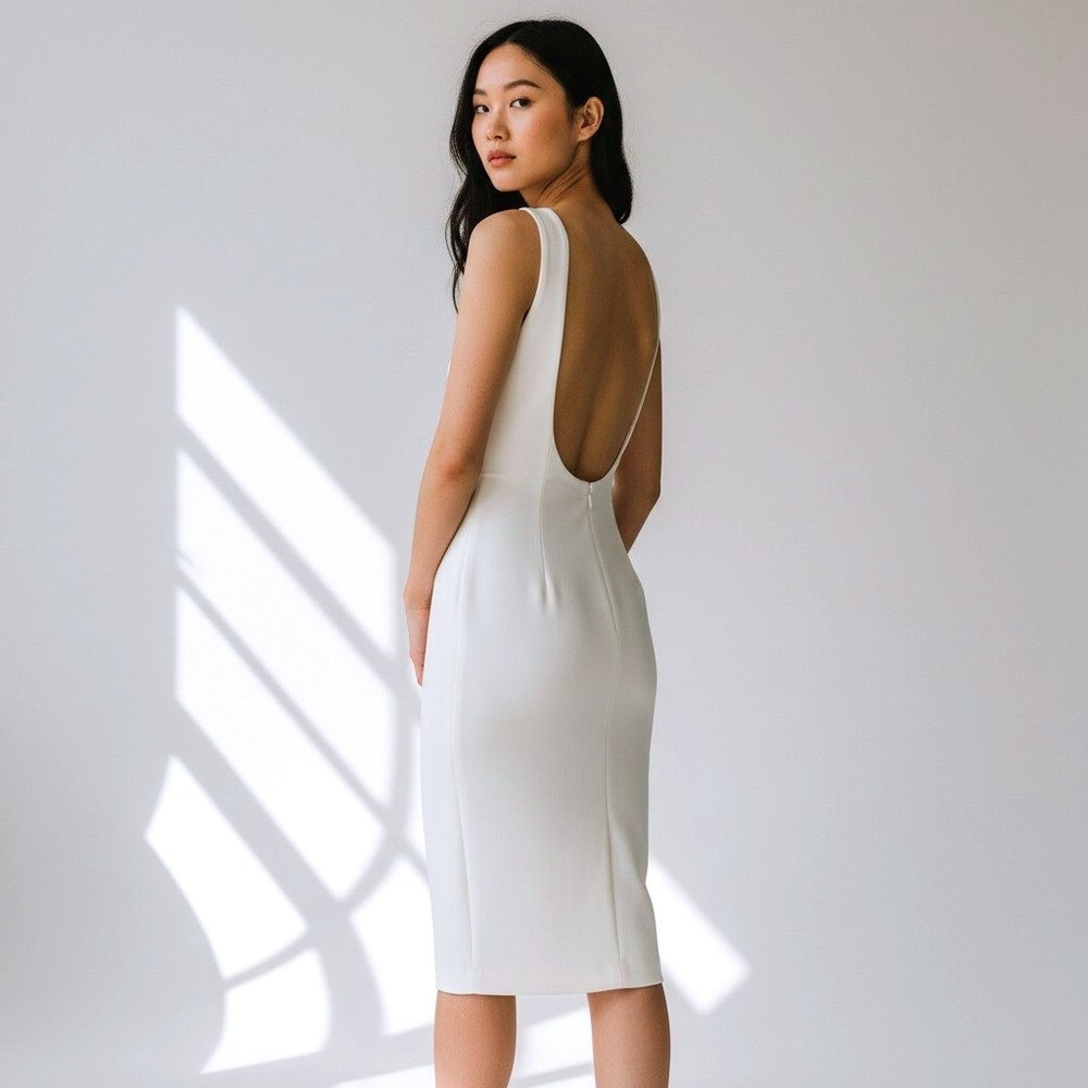 Lulus White Bodycon Midi Dress Low Open Back Sleeveless Round Neck Size L NEW
